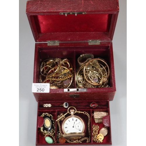 250 - Victorian leather jewellery box comprising assorted oddments to include: full hinter gold plated poc... 