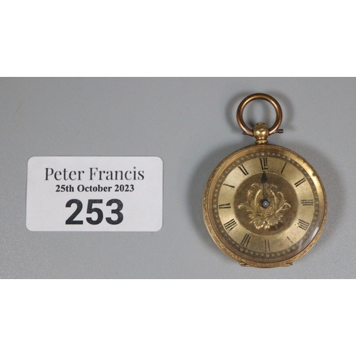 253 - 19th century 18ct gold outer cased fancy key wind open faced fob watch with engine turned and foliat... 