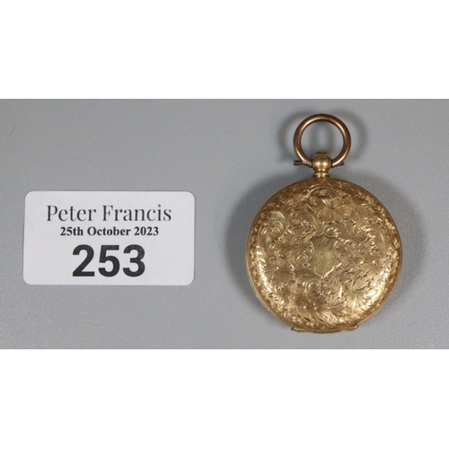 253 - 19th century 18ct gold outer cased fancy key wind open faced fob watch with engine turned and foliat... 