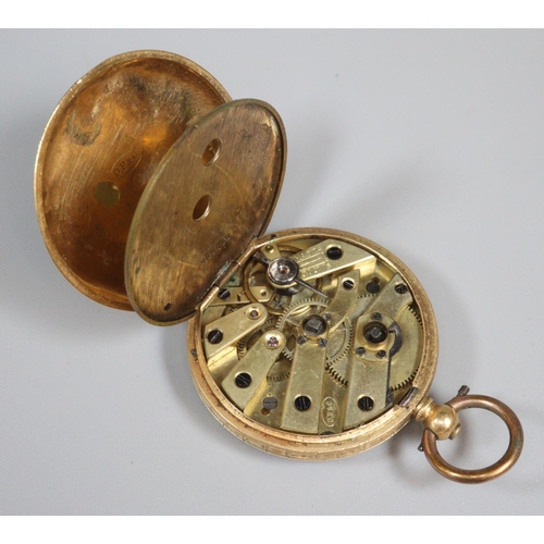 253 - 19th century 18ct gold outer cased fancy key wind open faced fob watch with engine turned and foliat... 