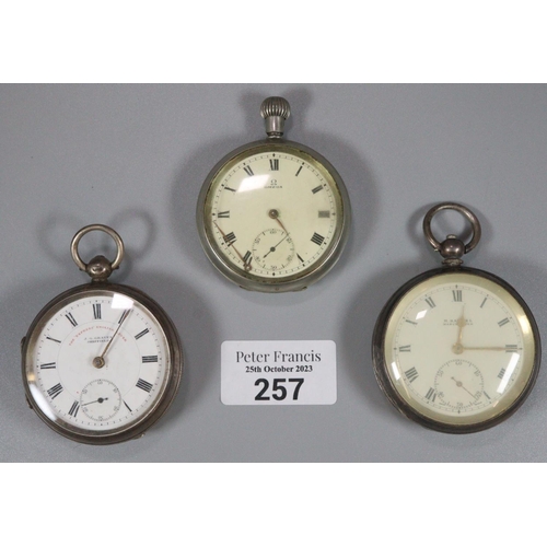 257 - Two silver keyless lever open faced pocket watches and another Omega key wind white metal open faced... 