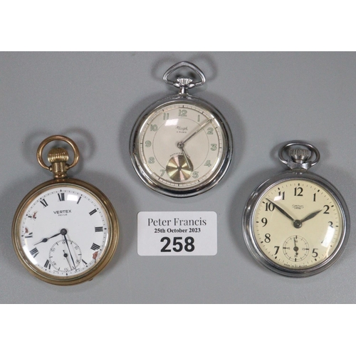 258 - Vertex gold plated keyless lever open faced pocket watch and two more modern chrome plated open face... 