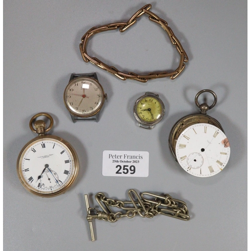 259 - Gold plated gentleman's wrist watch, 19th century key wind open faced pocket watch and a gold plated... 