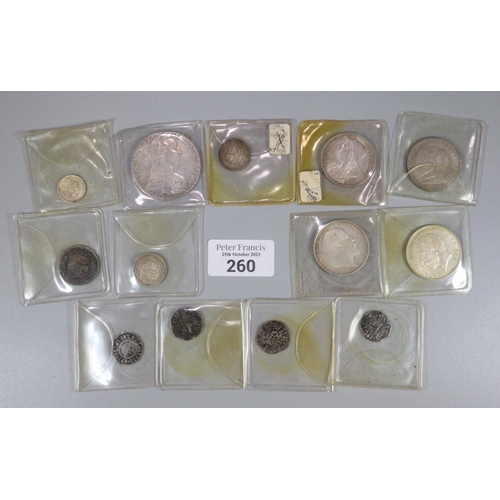 260 - Collection of assorted interesting silver coins to include: Edward VII half crown, George V half cro... 