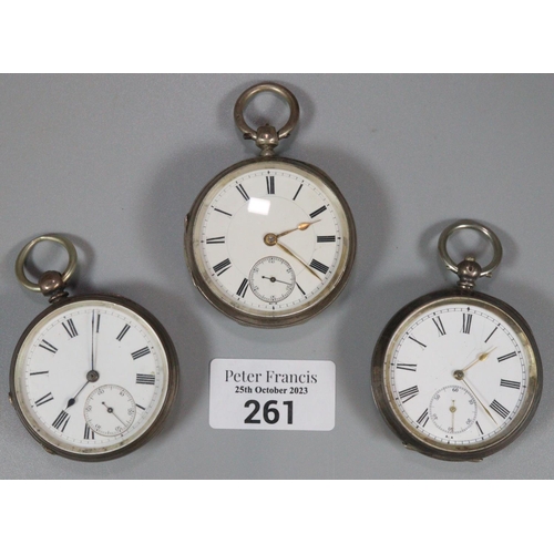 261 - Three silver key wind open face lever pocket watches, all with Roman numerals and seconds dials.  (3... 