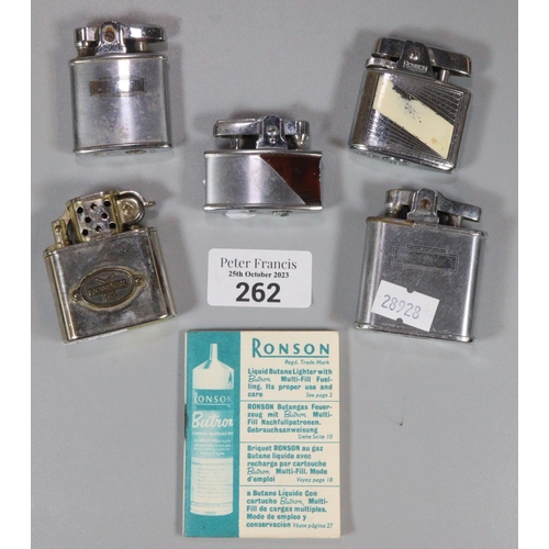 262 - Collection of vintage Ronson cigarette lighters, various.  (5)  (B.P. 21% + VAT)