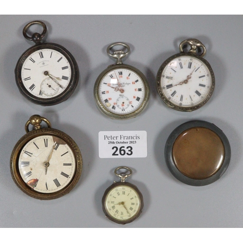 263 - Collection of assorted pocket and fob watches, various, white metal etc.  plus a watch case.  (5)  (... 