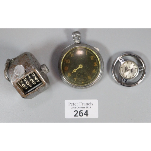 264 - Open faced Military top wind pocket watch by Elgin, steering wheel design wristwatch with crossed ch... 