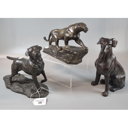 28 - Patinated bronze study of a seated hound 19.5cm high approx. , bronzed spelter study of a panther on... 