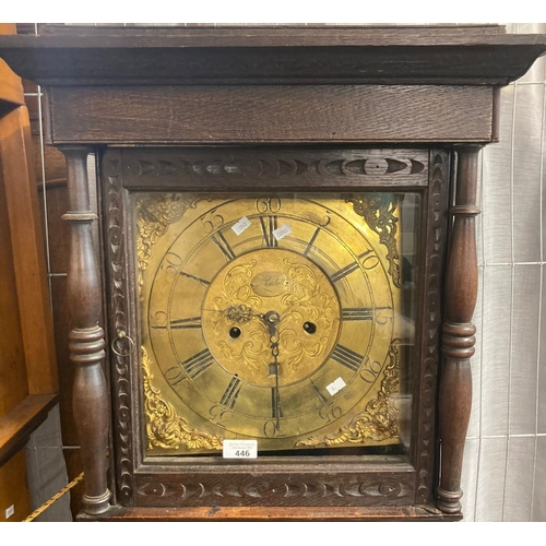 446 - 18th/19th century oak cased long case clock, the brass Roman face marked 'Lindall' and having date a... 