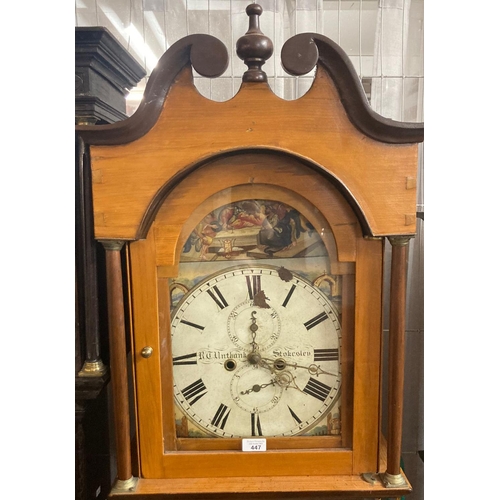 447 - 19th century pine long case clock, having painted dial marked 'R C Unthank, Stokesley' to the Roman ... 