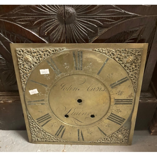 448 - Carved oak long case clock with brass face and later 19th century movement, the face marked 'John An... 