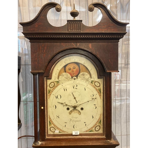 450 - Early 19th century Welsh oak eight day long case clock, the painted face marked 'George, Fishguard',...