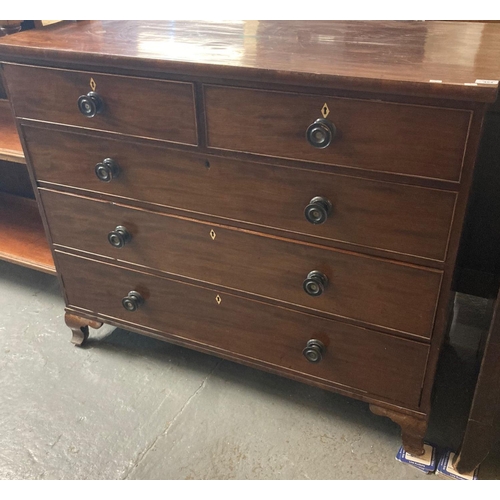 454 - Early 19th century mahogany straight front chest of two short and three long cock beaded drawers, st... 