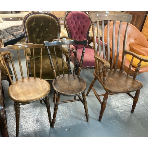 471 - Late Victorian elm slat back farmhouse arm chair together with two similar late 19th early 20th cent... 