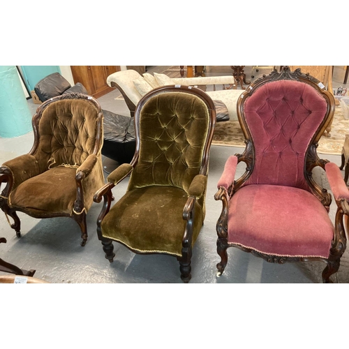 473 - Collection of three late Victorian button back fireside chairs, all with padded arms standing on tur... 