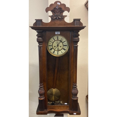 483 - Early 20th century walnut two train Vienna type wall clock with pendulum, keys and weights.  (B.P. 2... 