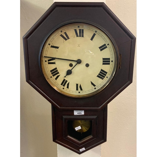 486 - Victorian stained octagonal two train wall clock with key and pendulum.  (B.P. 21% + VAT)