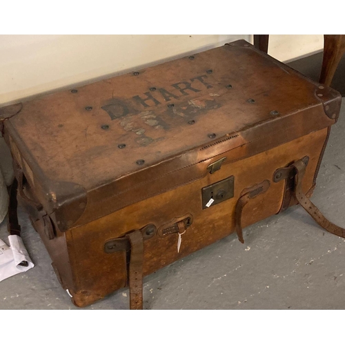 491 - Early 20th century leather travelling trunk marked 'D Hart' with brass presentation plaque to the in... 