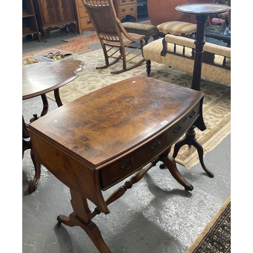 499 - Reproduction walnut sofa table together with a mahogany torchere stand on triform base.  (2)  (B.P. ... 