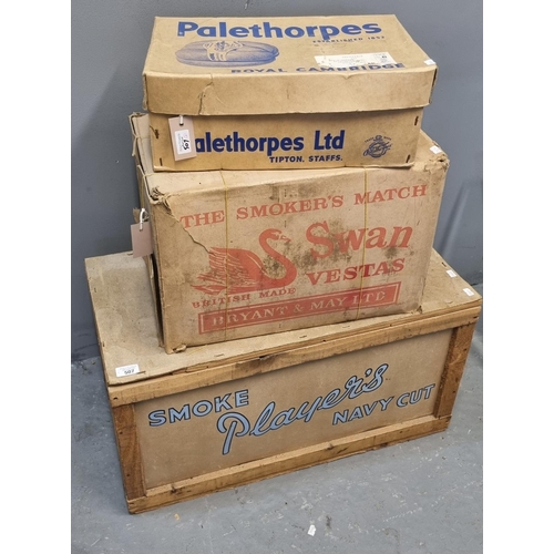 507 - Three vintage cartons to include: Palethorpes Sausages, Swan Vesta Matches and Player's Navy Cut Cig... 