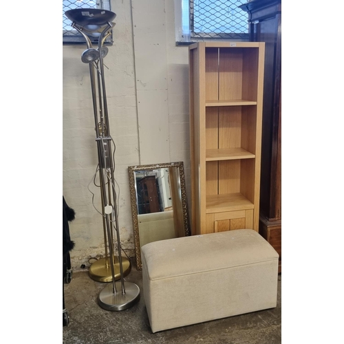 511 - Group of furnishing items to include: two similar brushed metal reading and uplighter lamps, gilt fr... 