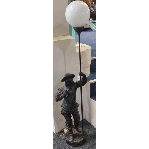 75 - Large spelter Cavalier standard lamp with globular opaline glass shade.  142cm high approx.  Signed ... 