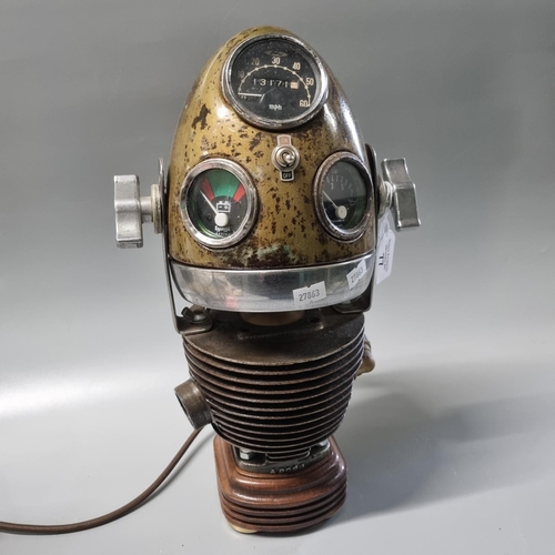 77 - Vintage design novelty table lamp made from motorcycle head light and cylinder barrel lamp. (B.P. 21... 