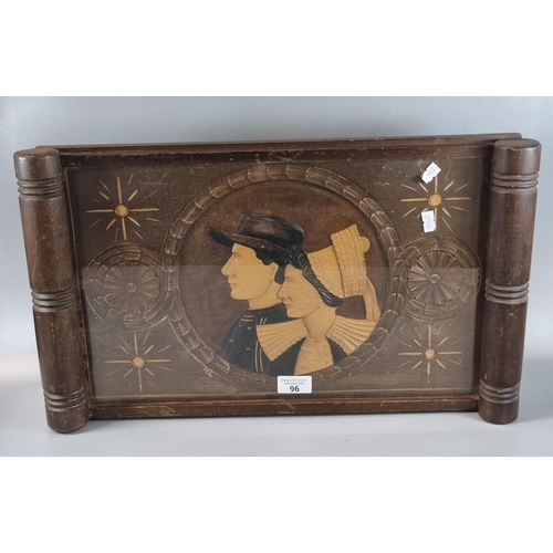 96 - 20th century two handled glass top tray inlaid with Naif Dutch portrait scene.  (B.P. 21% + VAT)