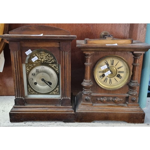 98 - Two early 20th century two train architectural design mantle clocks, one with silvered face, the oth... 