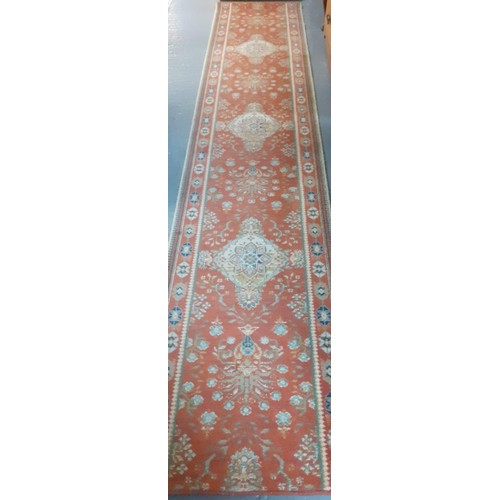 521 - Two hall runners and a Chinese cream rug.  (3)   Rug 140x70cm approx, runners 347x70cm approx.  (B.P... 