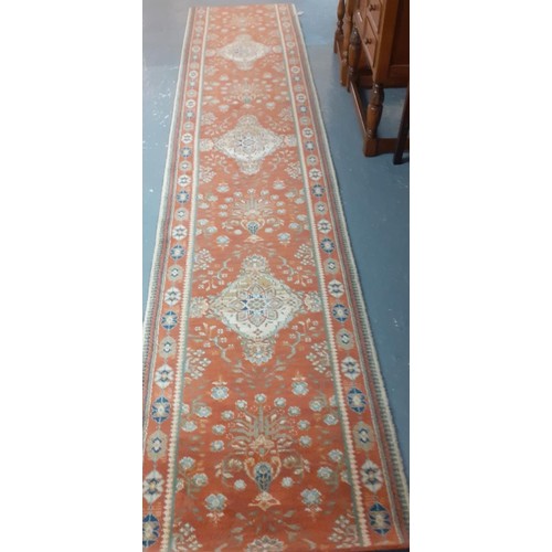 521 - Two hall runners and a Chinese cream rug.  (3)   Rug 140x70cm approx, runners 347x70cm approx.  (B.P... 