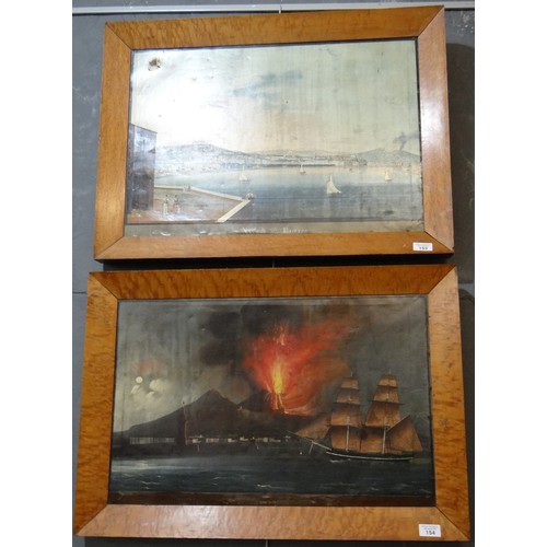 154 - Neapolitan School, studies of the Bay of Naples, a calm day and the eruption of Mount Vesuvius, oils...