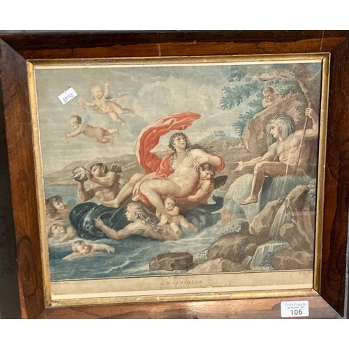 106 - After Gordano, 'La Galatea', 18th century coloured engraving in rosewood frame with gilt slip.  31x3... 