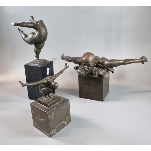 13 - Three Kunst and Ambiente bronze sculptures, after Milo, all on marble plinths to include: Swimmer wi... 