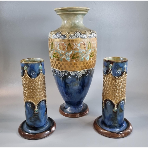 2 - Royal Doulton Slaters patent stoneware vase No. 8419.  31cm high approx. together with a pair of Roy... 