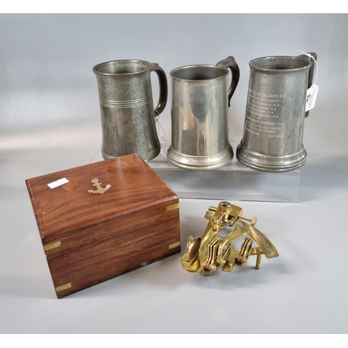 34 - Small reproduction brass sextant in hardwood brass mounted box together with three pewter tankards w... 