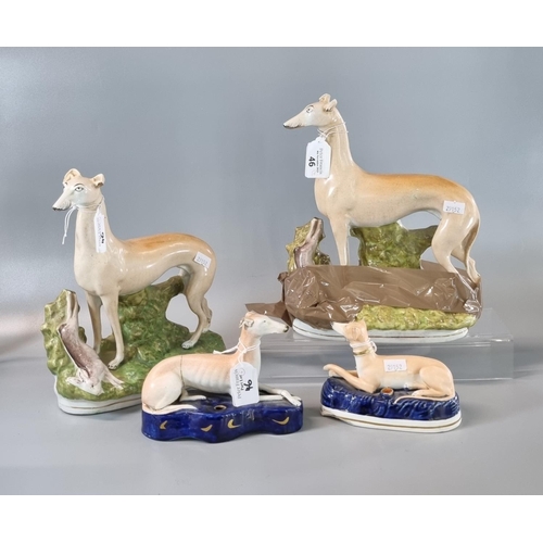 46 - Collection of Staffordshire Pottery figures of greyhounds with prey and two similar pen holders with... 