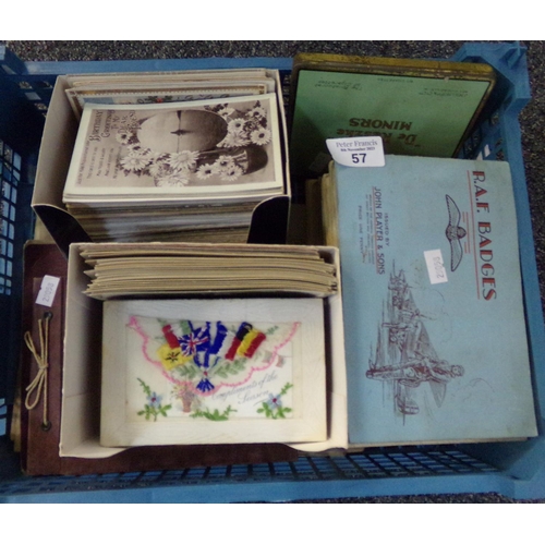 57 - Tray with collection of cigarette cards in original albums.  Postcards with greetings, Wembley Exhib... 