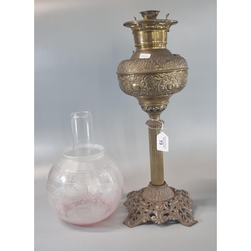 73 Early 20th Century oil burner lamp, having etched globular shade