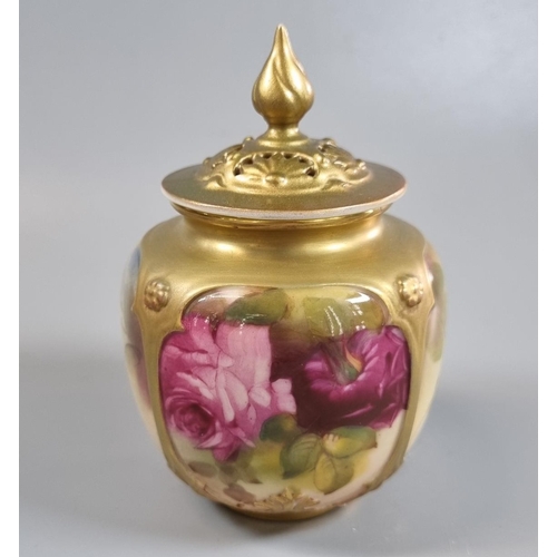 Royal Worcester porcelain potpourri vase and reticulated cover, hand painted with panels of roses and foliage, shape No. 162.  12cm high approx. Puce printed marks to the underside.   (B.P. 21% + VAT)