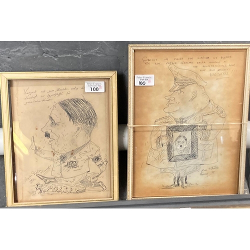 100 - German school, pair of WWII period humorous cartoons depicting Hermann Goring and Hitler, indistinct... 