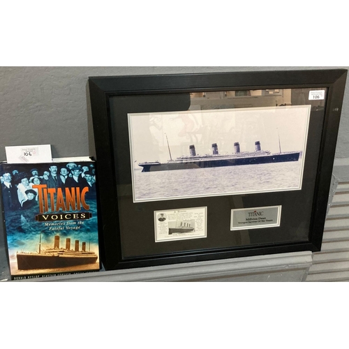 106 - Framed photograph of the SS Titanic (41x22cm approx) together with reproduction of an In Memorium Ca... 