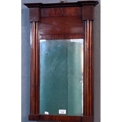 114 - 19th century mahogany pier glass with fluted columns under a beaded cornice.  Overall 66x36cm approx... 