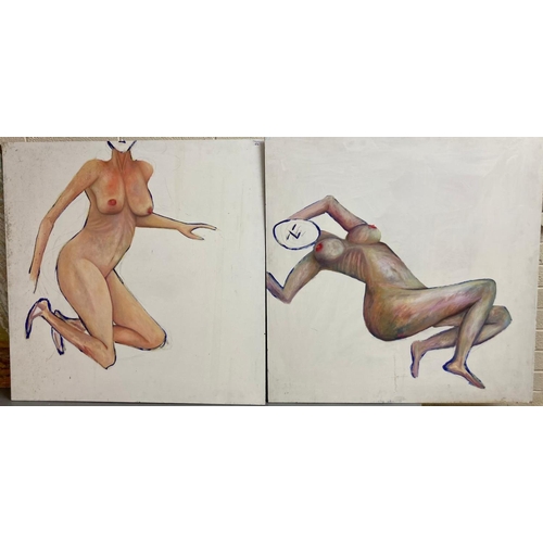 124 - Phillips (Welsh 20th century), three large form female nude studies, one reverse painted.  125x110cm... 