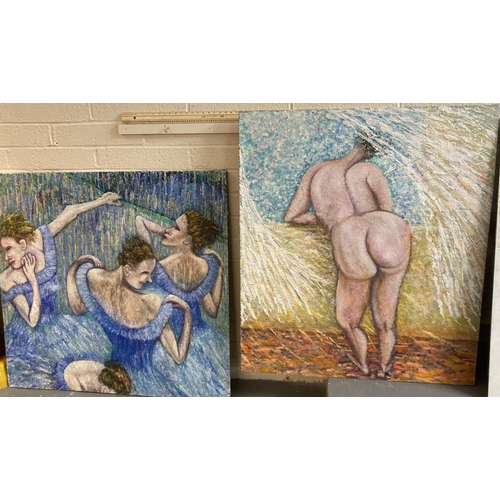 124 - Phillips (Welsh 20th century), three large form female nude studies, one reverse painted.  125x110cm... 