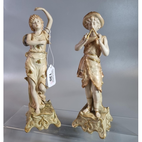 130 - Pair of Austrian blush ivory figurines of a flute player and another lady.  (2)  (B.P. 21% + VAT)