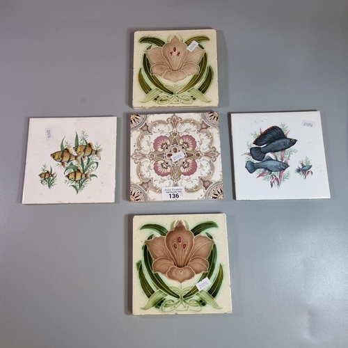 136 - Selection of Art Nouveau and early 20th century tiles to include: two with tropical fish by 'Richard... 