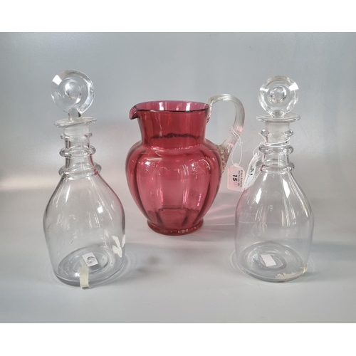 15 - Pair of glass mallet shaped decanters and stoppers, together with a Victorian cranberry glass balust... 