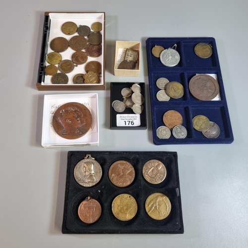 176 - Collection of old tokens, coins, medals, medallions, silver coin brooch, Art Deco silver watch chain... 